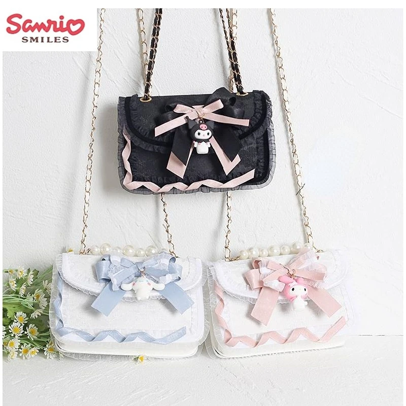 

Sanrio kawaii Japanese soft girl JK uniform cartoon cute loli bag Kuromi cinnamon roll Melody lace original pearl chain gift