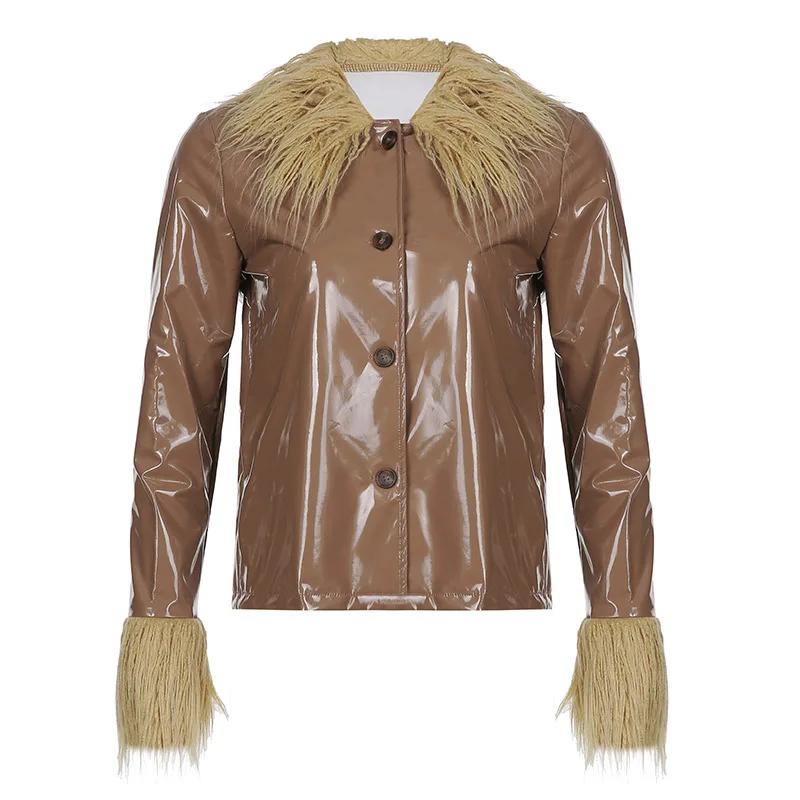 Fur Collar Leather Coat Women's American Style 2022 Winter Leather Glossy Breasted Warm Leather Casual Coat Cool Girl Green Top