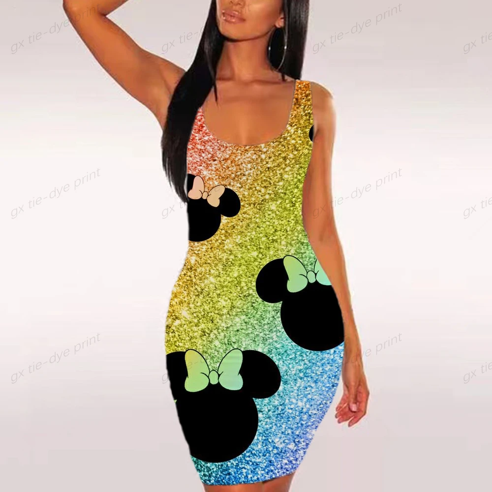 Платье женское летнее облегающее без рукавов с принтом Минни и Микки Маус -