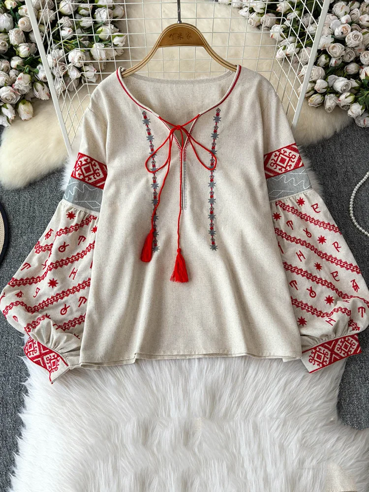 EWQ винтажный стиль дизайн вышивки женская блузка на шнуровке воротник-фонарики
