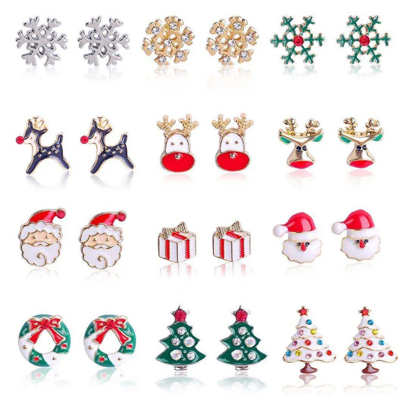 

2pcs Christmas Stud Earrings for Women Santa Claus Tree Deer Snowman Elk Snowflake Earring Ear Piercing New Year Jewelry Gifts
