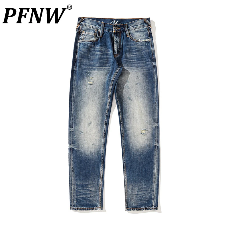 

PFNW Spring Autumn Men's Vintage Washed Cloth Trendy Jeans Fashion Worn Out Contrast Color Streetwear Cotton Denim Pants 12A8271