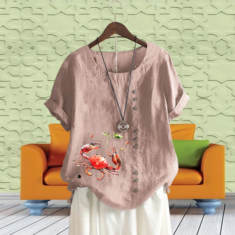 

New Ladies Cotton Linen Blouse Beautiful Crab Printed Loose T-shirt Breathable Round Neck Solid Color Short Sleeve Tops XS-5XL
