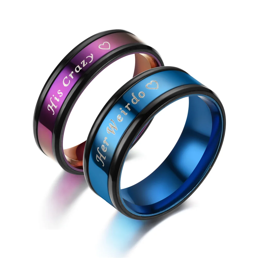 

Sinogaa 2022 Couple Rings His Carzy Her Weirdo Stainless Steel Rings For Women Men Elegant Blue Purple Lover's Rings Jewelry