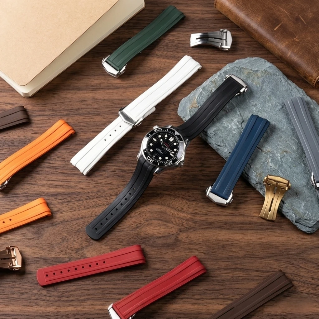 Фото Высококачественный изогнутый ремешок для часов Omega Seamaster 300, 20 мм, из каучука FKM, с оригинальной удлиненной застежкой. №3
