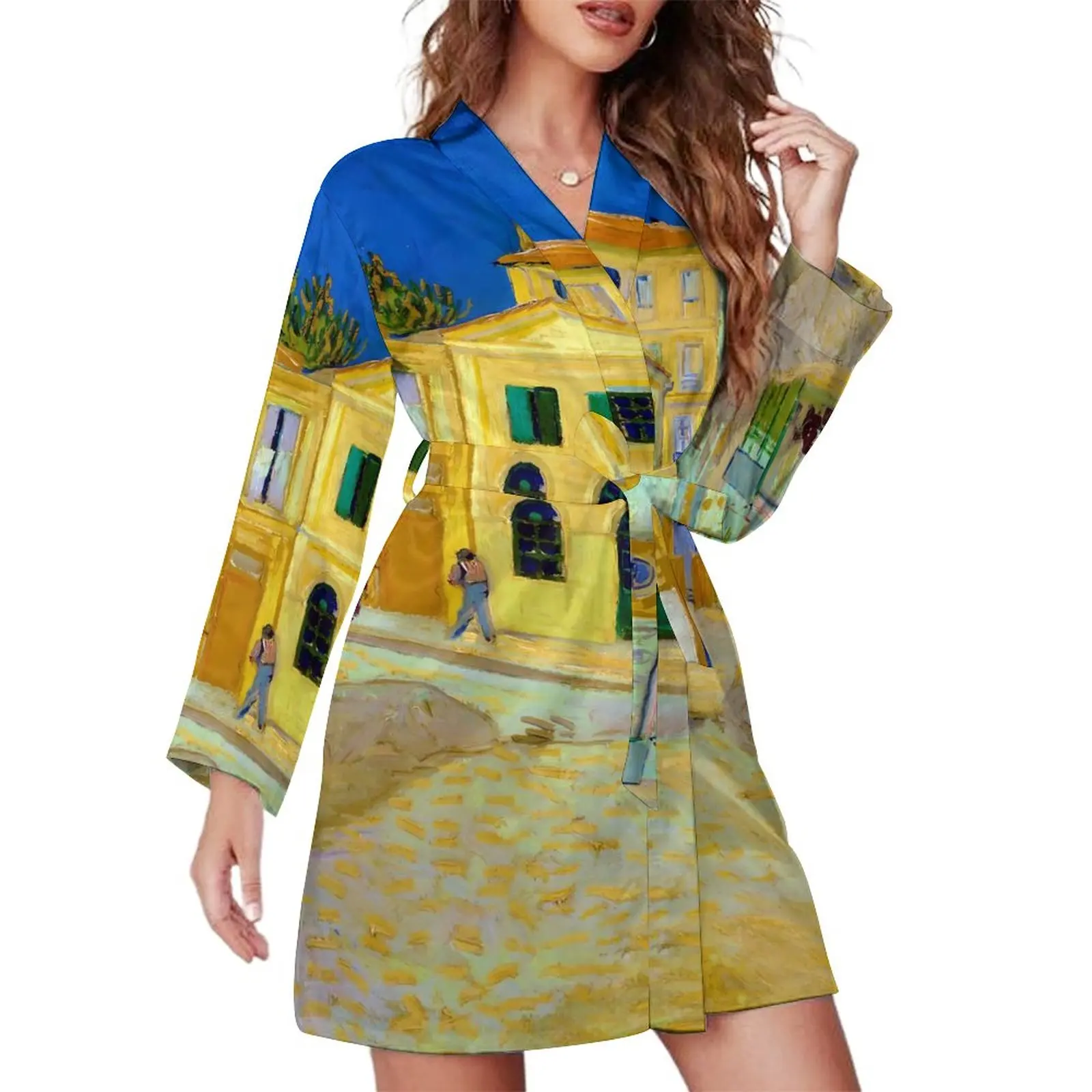 

Van Gogh Pajama Robe V Neck The Yellow House Soft Dress Female Long Sleeves Casual Loose Nightgown Graphic Pajamas Robes