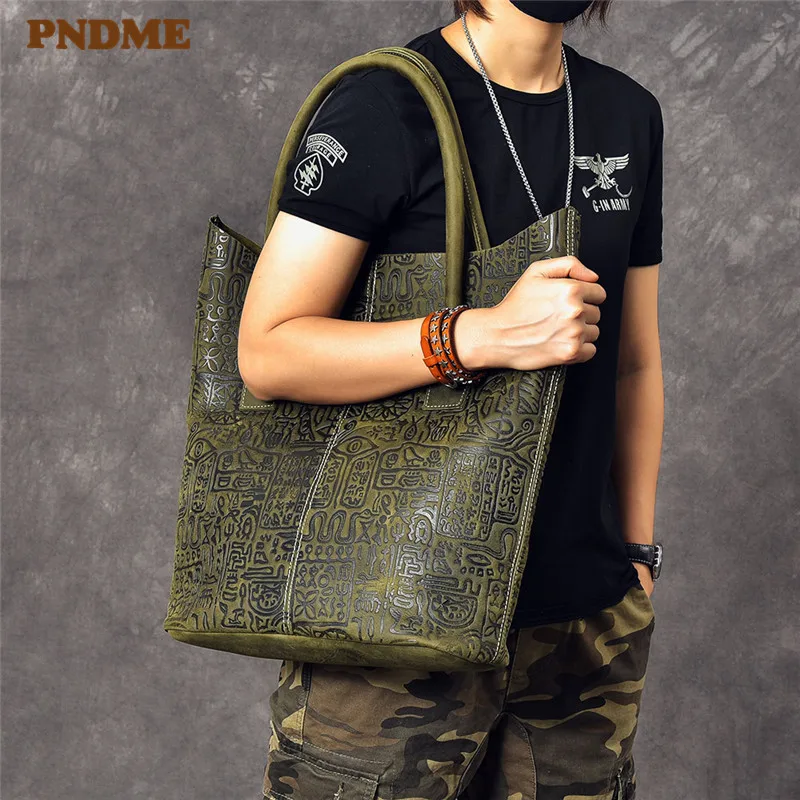 PNDME fashion genuine leather large capacity men women tote bag luxury natural real cowhide shopping handbag big shoulder bag