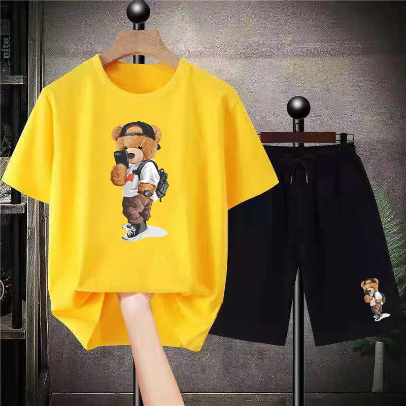 2023 Summer New Luxury Brand Men Shorts T Shirt Sets Cotton T-Shirt Bear Print 2 Piece Suits Women's Tracksuit Men Clothing