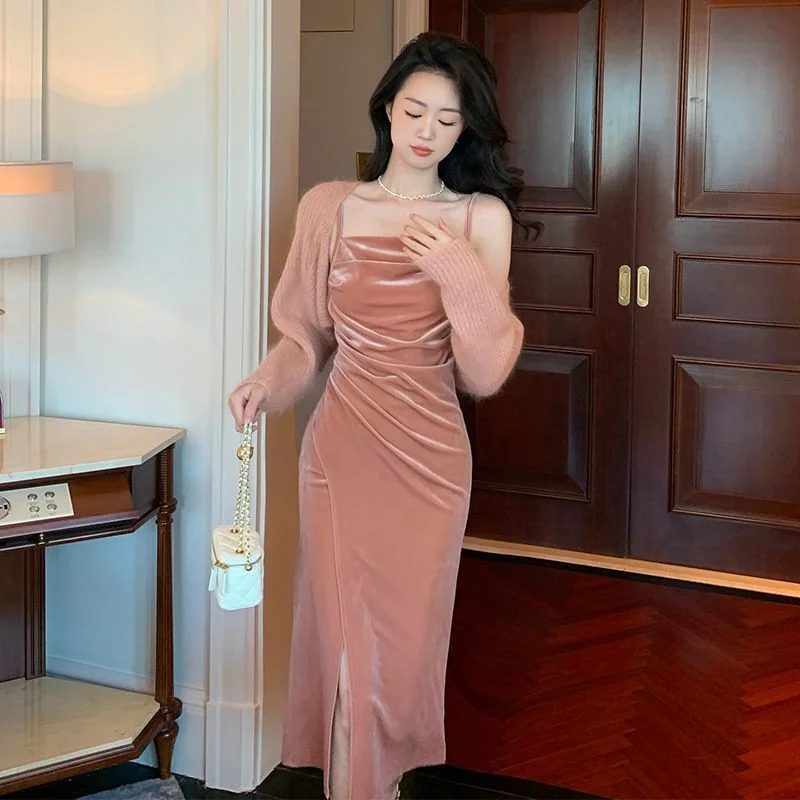 

Винтажное платье, Осеннее однотонное французское приталенное платье с разрезом, высококачественное золотистое бархатное платье на бретел...