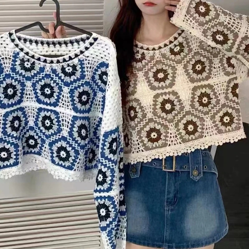 

Womens Crewneck Long Sleeve Hollow Out Knit Sweater Solid Casual Loose Pullover Jumper Tops