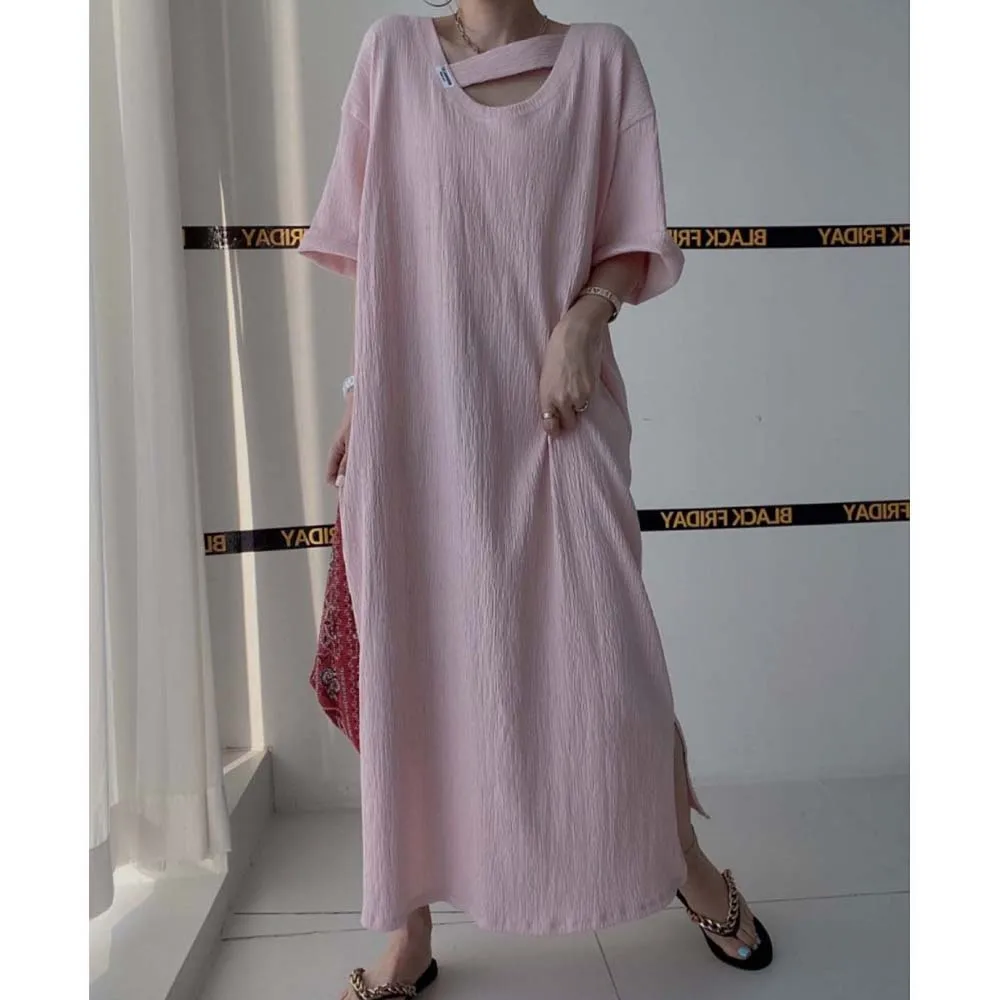 

Dress Irregular Collar Design Sensual Print Long Slim Dress Solid Color Short Sleeve Loose Pullover Summer Ladies A-line Dress