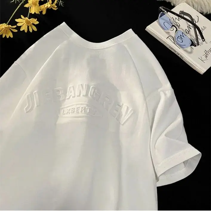 

Concave convex letter cotton T-shirt men's short sleeved summer heavy American retro large size loose tide brand half sleeve top