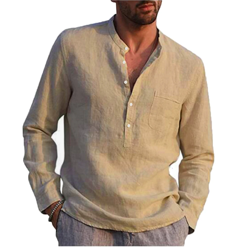 Рубашка мужская с длинным рукавом, хлопково-Льняная блуза с воротником-стойкой, Повседневная пляжная блуза, однотонная, лето