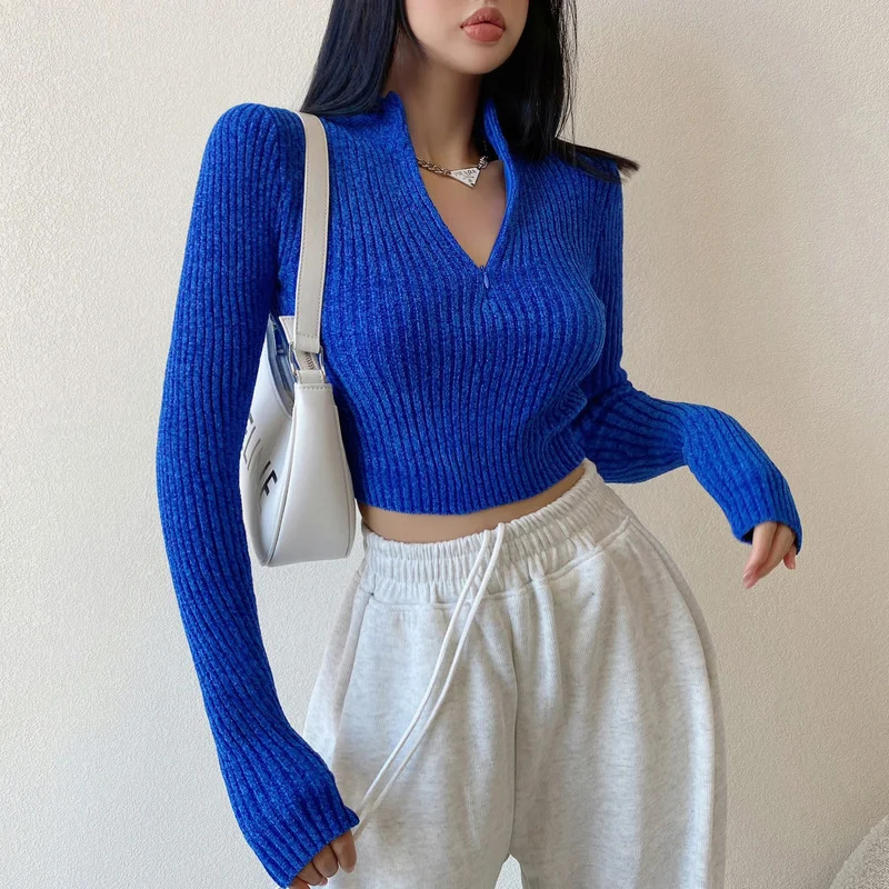 

Трикотажный облегающий топ на молнии, популярный зимний сексуальный серый женский короткий свитер в Корейском стиле с ложным воротником, милый осенний женский свитер