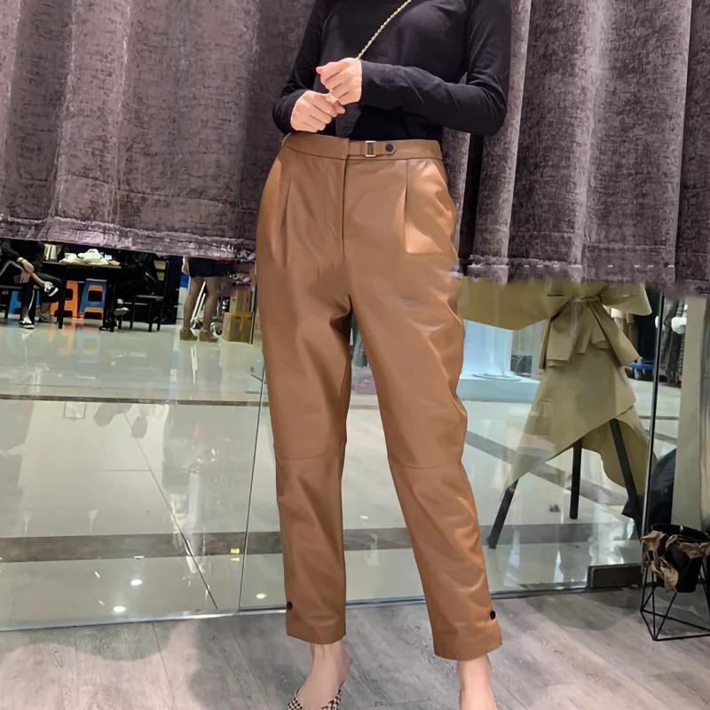 Lady Leather Cropped Pants Genuine Sheepskin Solid High Waist Pencil Harem Pants 2022 New Autumn Winter Fashion Trousers BJ3954