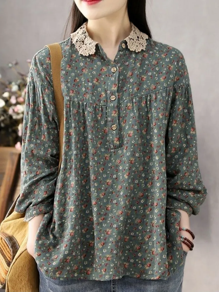

Women Long Sleeve Casual Shirts New 2023 Spring Vintage Style Lace Collar Floral Print Loose Female Cotton Tops Shirt D147