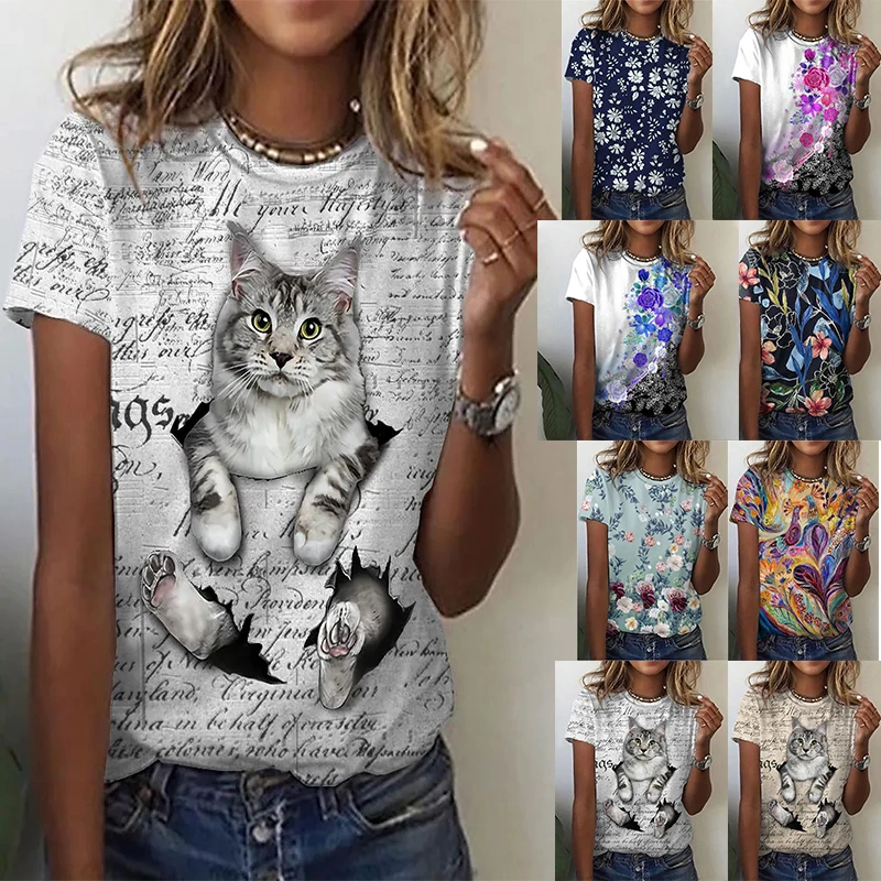 

Женская футболка с круглым вырезом, элегантная повседневная футболка с 3D-принтом кота, Модный пуловер, топы нового дизайна для лета, 2022