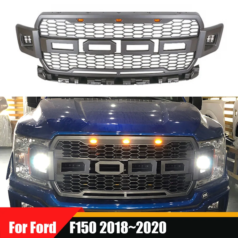 

Matte Black Or Grey Replacement Grille ABS Front Mesh Grill Fit Raptor Style Grills w/LED Light For Ford F150 2018~2020