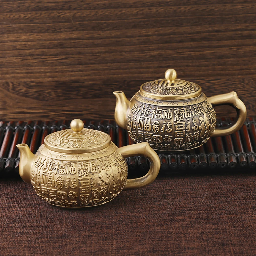 

Baifu Teapot Copper Pot Ornaments, 2 Models Retro Old Teapot Pure Brass Baifu Copper Teapot Fu Word Copper Wine Kettle Desktop