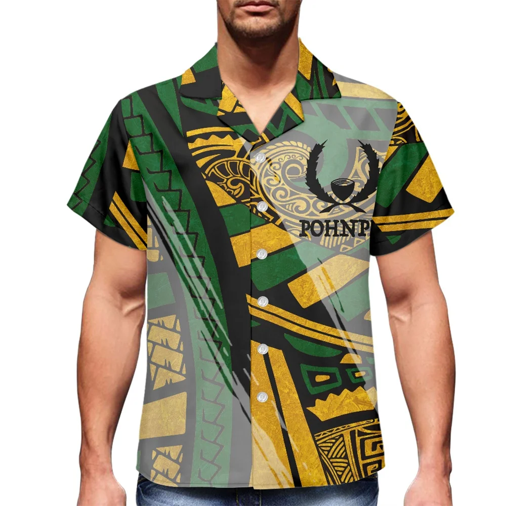 

Sublimation Print Men Shirt Polynesian Tribal Samoa Pohnpei Islands Print Button Down Blouse Casual Summer Beachwear Loose Shirt