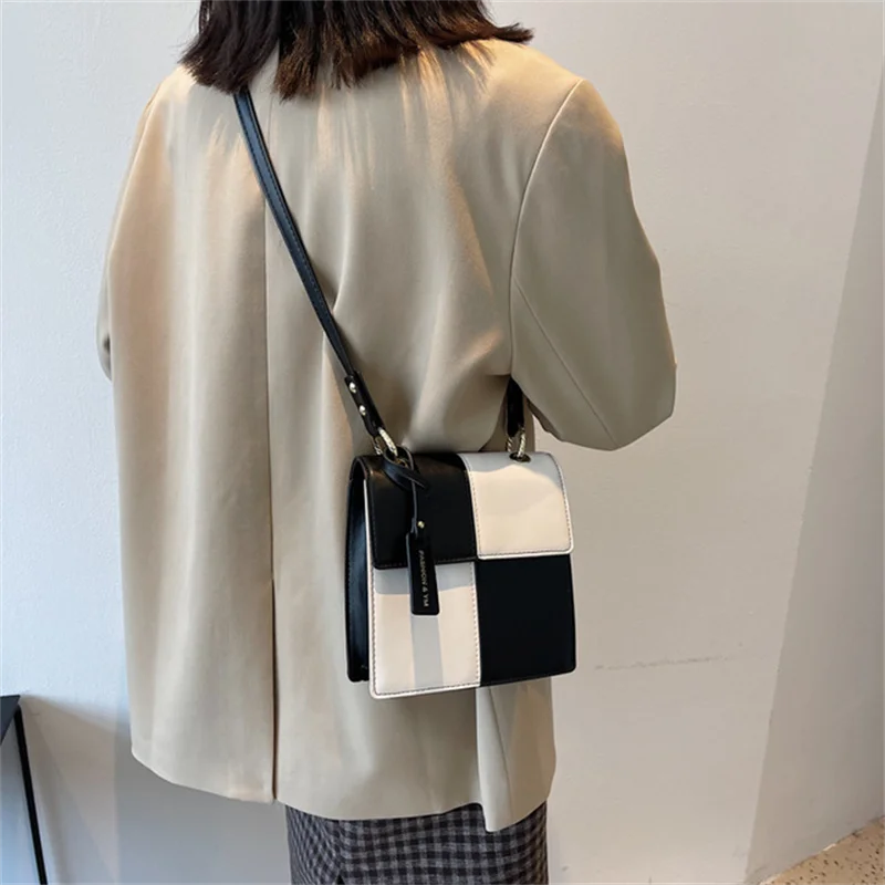 

Checkerboard Flap Shoulder Bags For Women Plaid Design Crossbody Bags Casual PU Leather Black White Messenger Small Square Bag