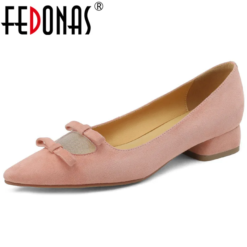 

Женские замшевые туфли-лодочки FEDONAS, повседневные офисные туфли на низком каблуке с острым носком и бантом-бабочкой, сезон весна-лето