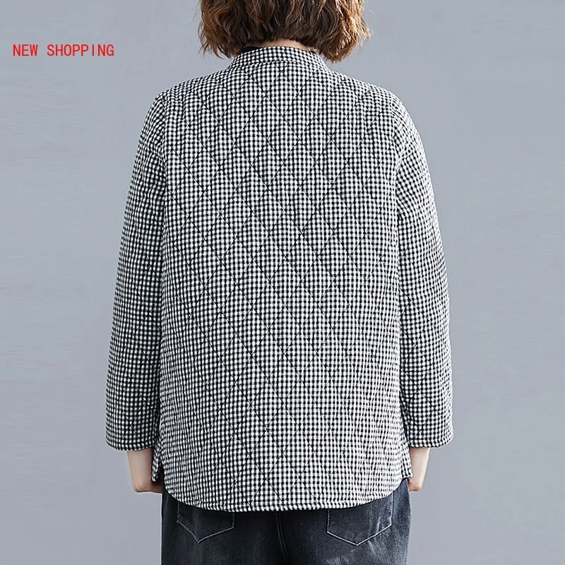 Autumn Winter Women Casual Warm Thicken Cotton Coats New 2022 Vintage Plaid Loose Long Sleeve Short Jackets Parkas Plus Size 5XL