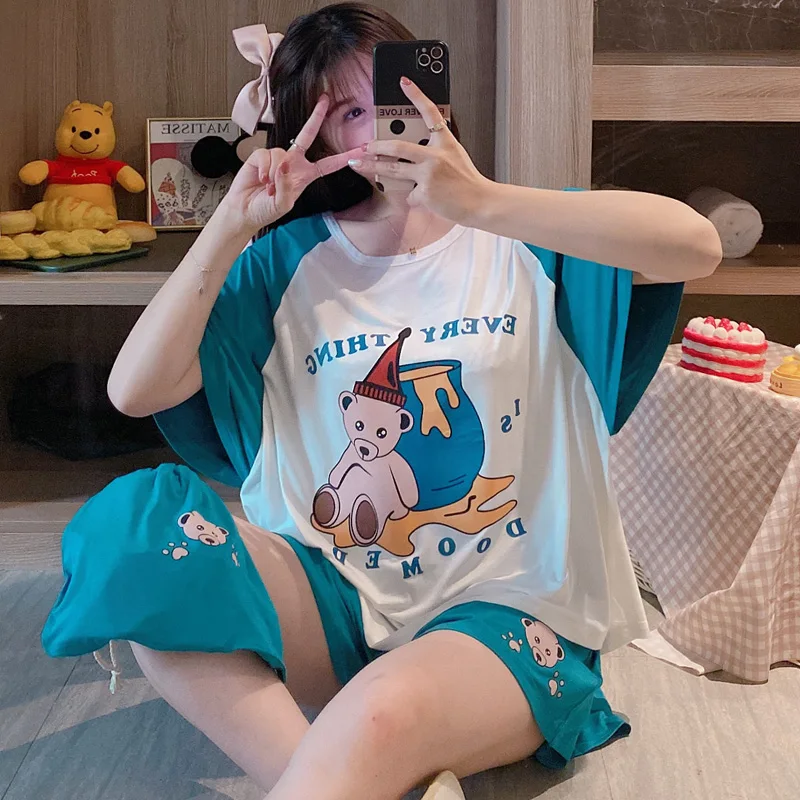 

Summer Pajamas Women Sleepwear Short Sleeve Modal Pullover Loose Version Pajama Set Cartoon Plus Size