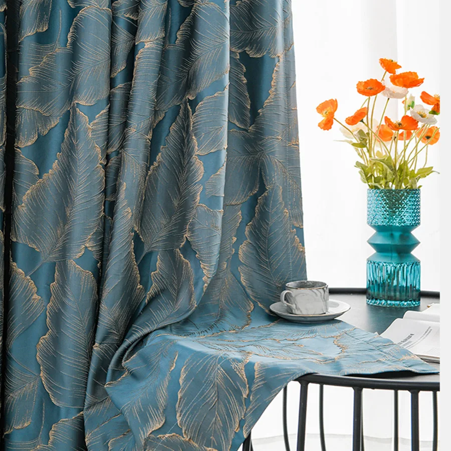 

Blue Bronzing Texture Gold Silk Leaves Embossed Stereoscopic Blackout Bedroom Curtains Gray Luxury Villa Window Drapes