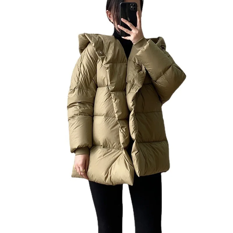 Winter New Long Sleeve Hooded Button Short Womens Down Coat Loose White Duck Down Coat for Women