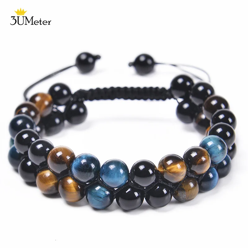 

Trendy Braided Natural Stone Beads Bracelet Handmade Black Agate Tiger Eyes Bracelets Double Row Charm Yoga Jewelry Men Bangle
