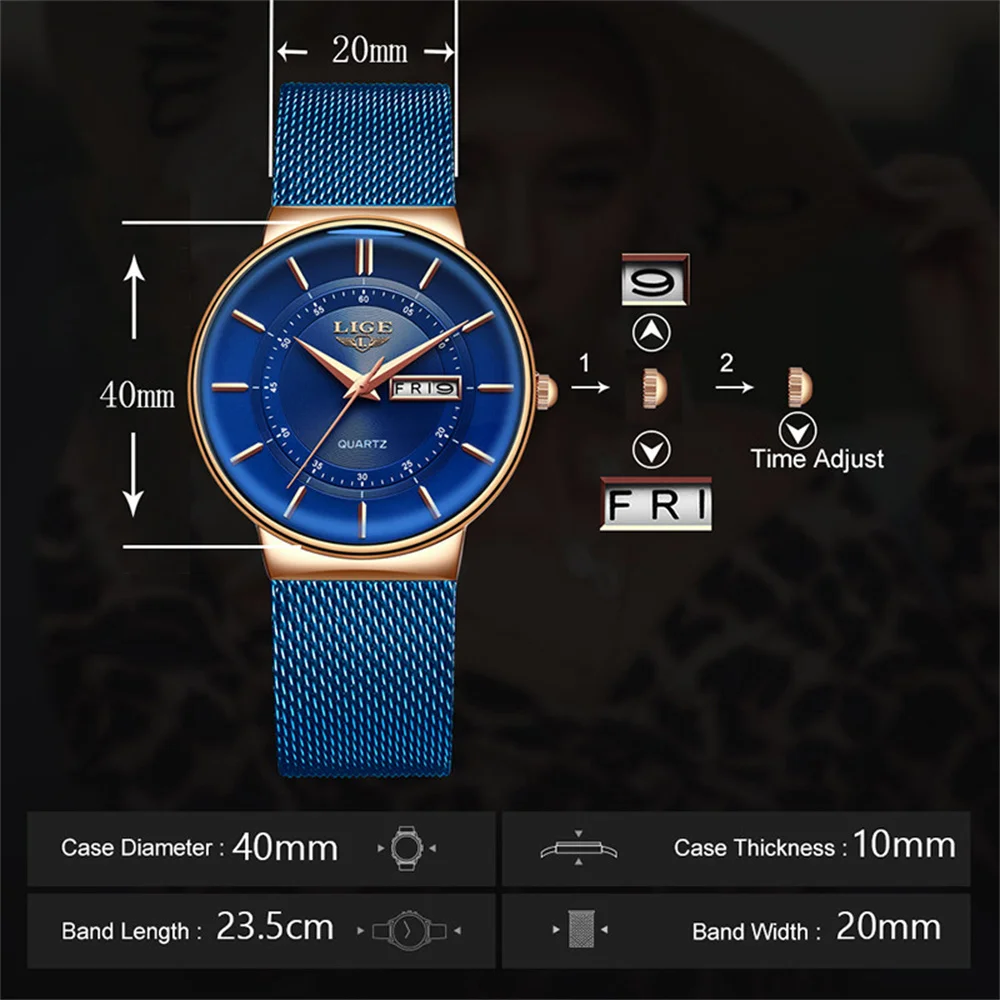 LIGE Women's Watches Luxury Brand Ultra-thin Calendar Week Quartz Watch for Women Ladies Clocks Mesh Waterproof Reloj Mujer enlarge