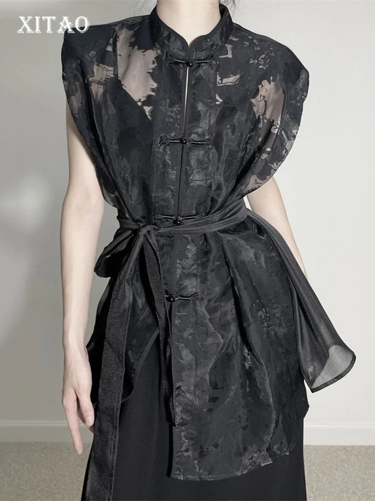 

XITAO Black Mesh Jacquard Shirt Bandage Fashion Chinese Style Improvement Women Top Autumn New Temperament Stand Collar WLD9128