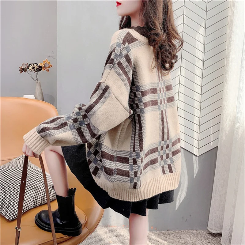 

Winter 2022 Thick Half High Collar Fake Two Piece Plaid Knitted Sweater Women Jumpers Ladies Loose Vintage Knitting Tops Female