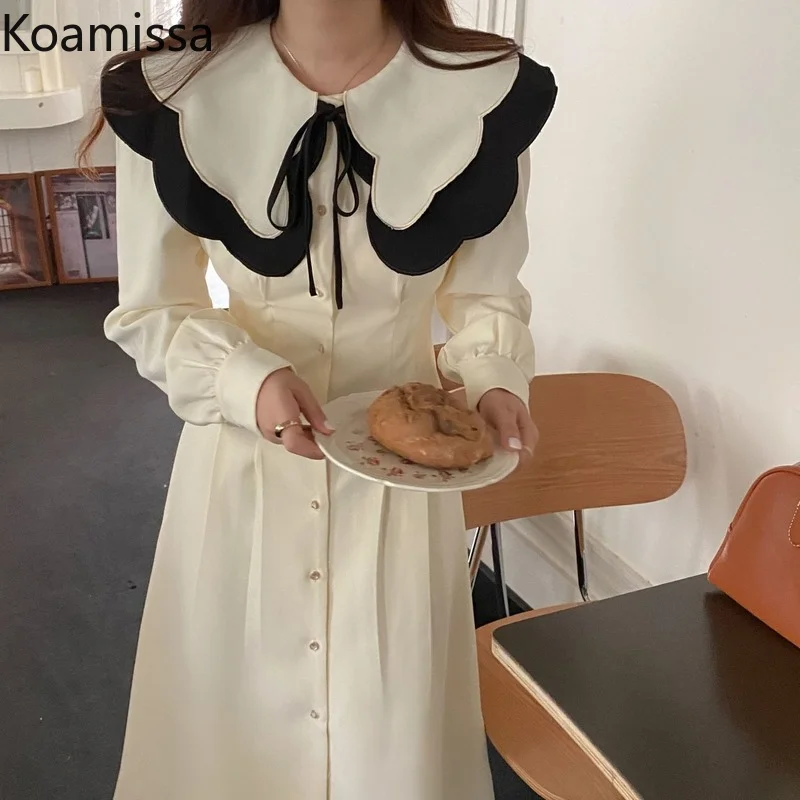 

Женское платье с длинным рукавом Koamissa, однотонное ТРАПЕЦИЕВИДНОЕ ПЛАТЬЕ с воротником «Питер Пэн» в Корейском стиле, облегающее Макси-плать...