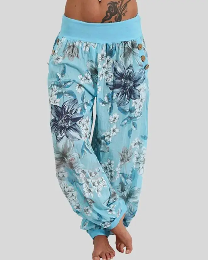 

Women's Casual Cuffed Trousers Summer New Fashion 2023 Pocket Floral Print Button Decor Female Vacation Low Waist Pants