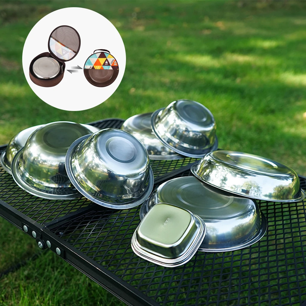 

22Pcs Tableware Set with Storage Bag Stainless Steel Plates Indoor Outdoor Cooking Tools Travel Kitchen Restaurant