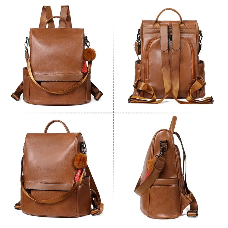 Women's Leather Backpack Anti-theft Backpack Purse Lightweight Travel Casual Shoulder Bag Brown