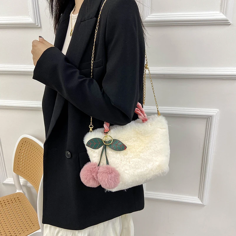 Cherry Fluffy Bags For Women 2022 Chains Plush Tote Bag Black Soft Furry Bags Luxury Designer Handbag  Solid Fur Shoulder Bags