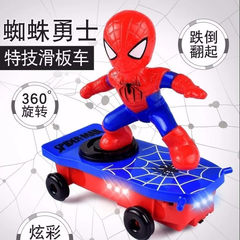 NEW Anime Marvel Spiderman Stunt Scooter Electric Music Action Figure Auto Flip Rotating Skateboard Doll Gift Toys for Children