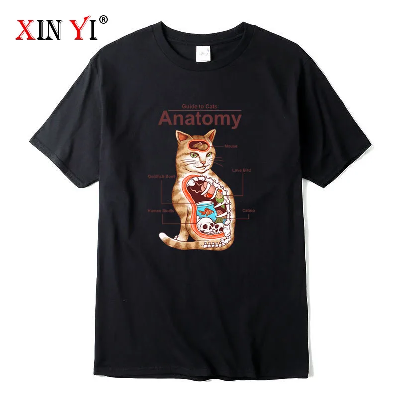 

2022 Men's High Quality 100% Cotton Fun Anatomy Cat Print Loose O Neck Men Casual Fashion Breathable T-Shirt Short Sleeves
