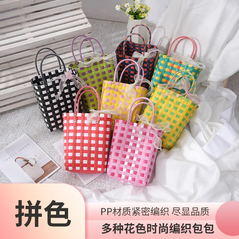 Colorful Woven Small Basket Trend Fashion Splicing Large Capacity Leisure Vacation Vertical Square Beach Bag enlarge