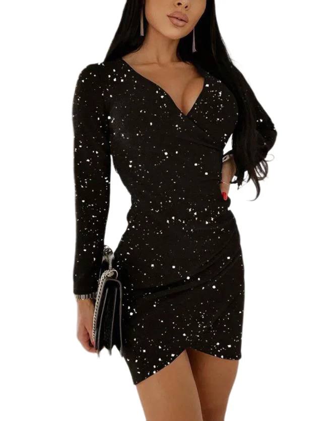 

Glitter Long Sleeve Ruched Bodycon Dress Black Sexy Party V-neck Elegant Dresses for Women