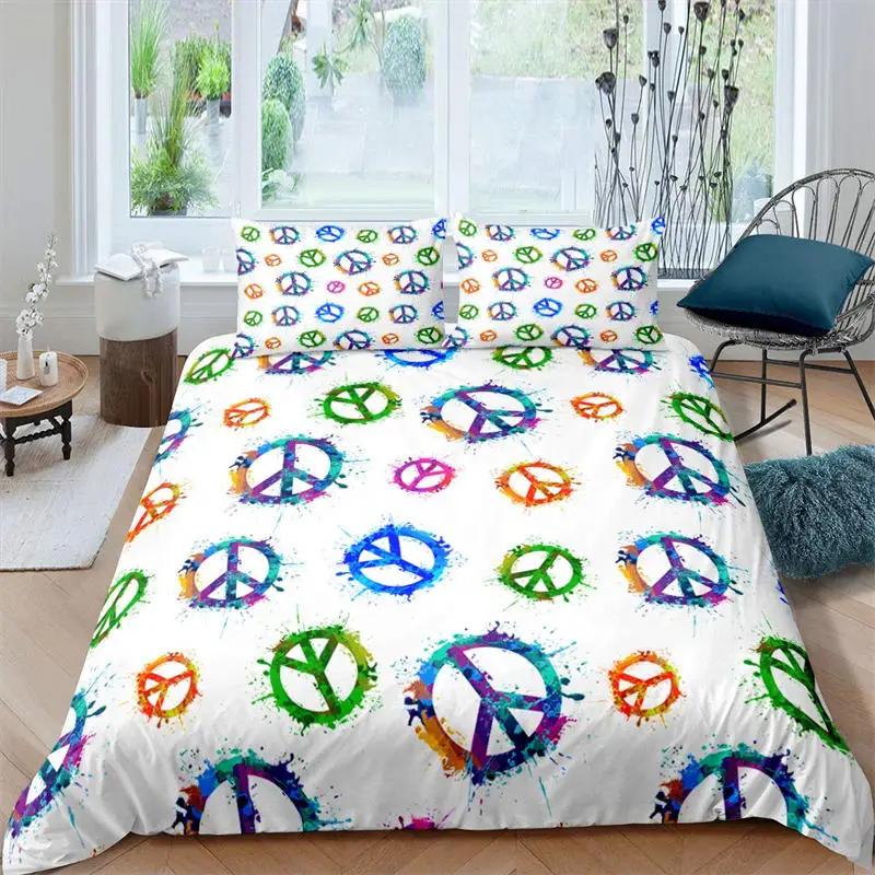 

3D Hippie Peace Symbol Duvet Cover Soft Pattern Bedding Set Chic Exotic Flower Comforter Cover King Full For Boys Girls Colorful