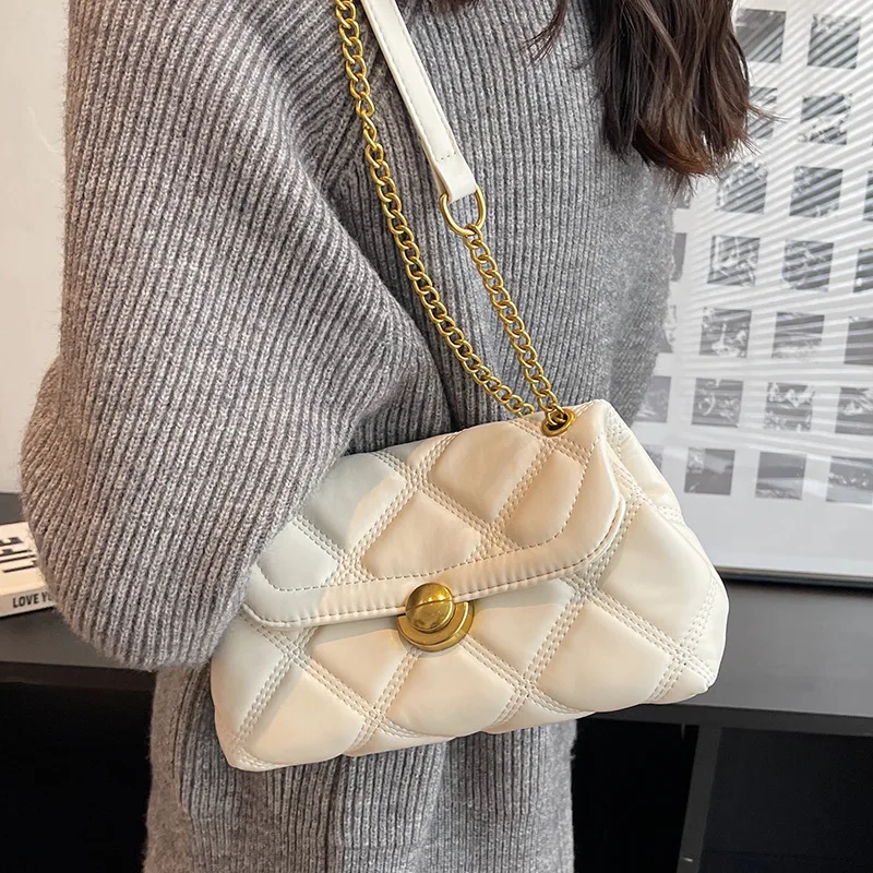 New Fashion Shoulder Underarm Bag Rhombus Chain Messenger Bags Retro Leather Simple Crossbody Storage Commute Portable Satchel