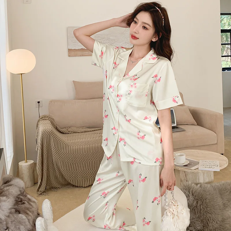 Summer Ice Silk Pajamas for Women's Advanced Sense Short-sleeved Sleepwear Suit Thin Cool Feeling Elegant Style Lapel Loungewear