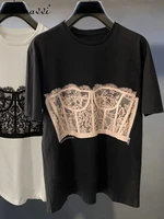 summer 2022 new round neck short sleeve top for ladies fashion all match three dimensional lace printed t shirt female