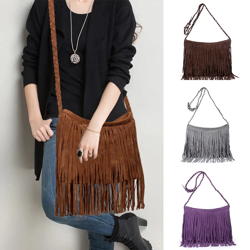 

New Women's Fringed Leather Shoulder Bag with Knitting Strap Soft Ethnic Style PU Messenger Bag Solid Color Tassels Handbag