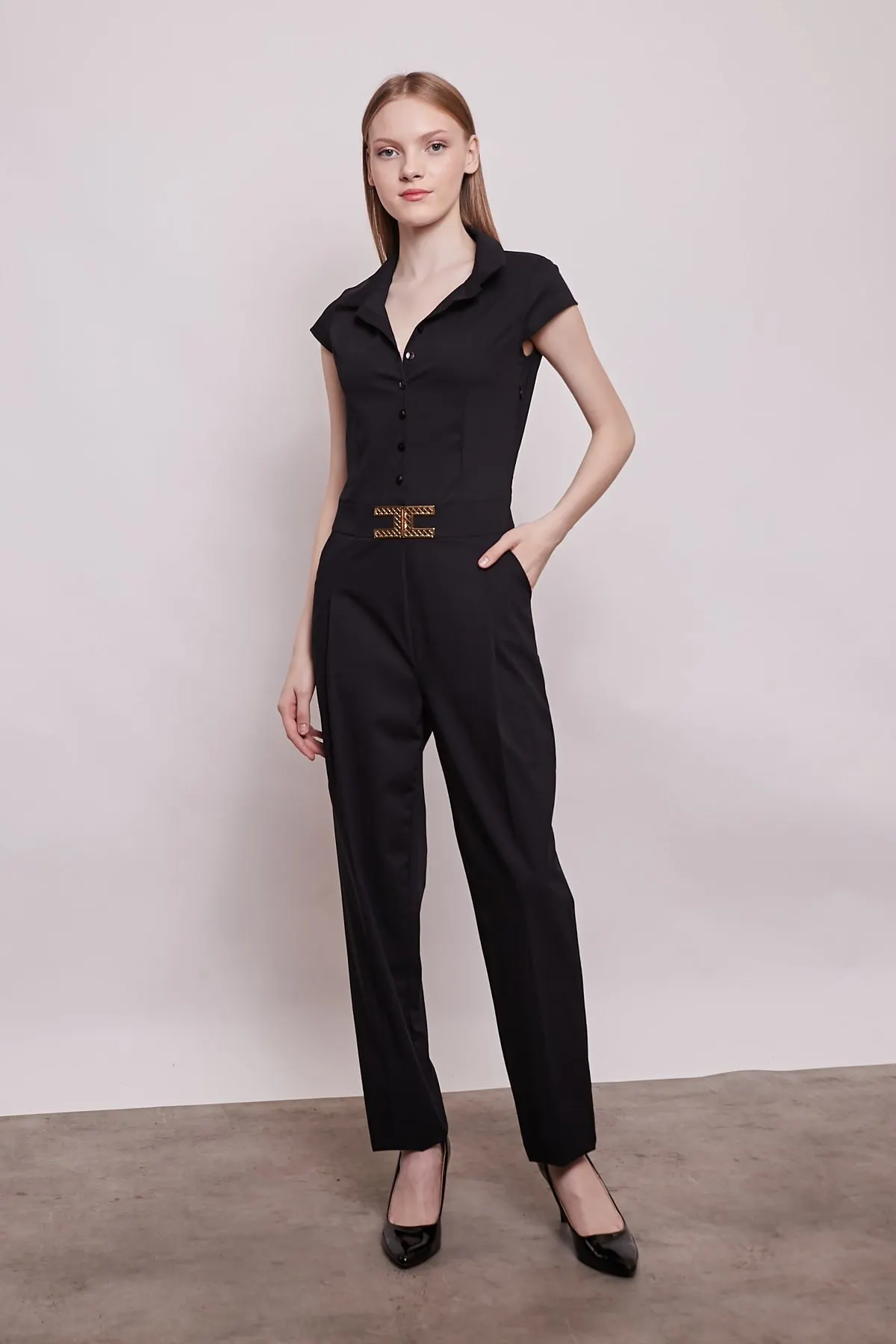 

Женский комбинезон на пуговицах с воротником спереди и коротким рукавом, весенний комбинезон из ткани, темно-синий Модный популярный