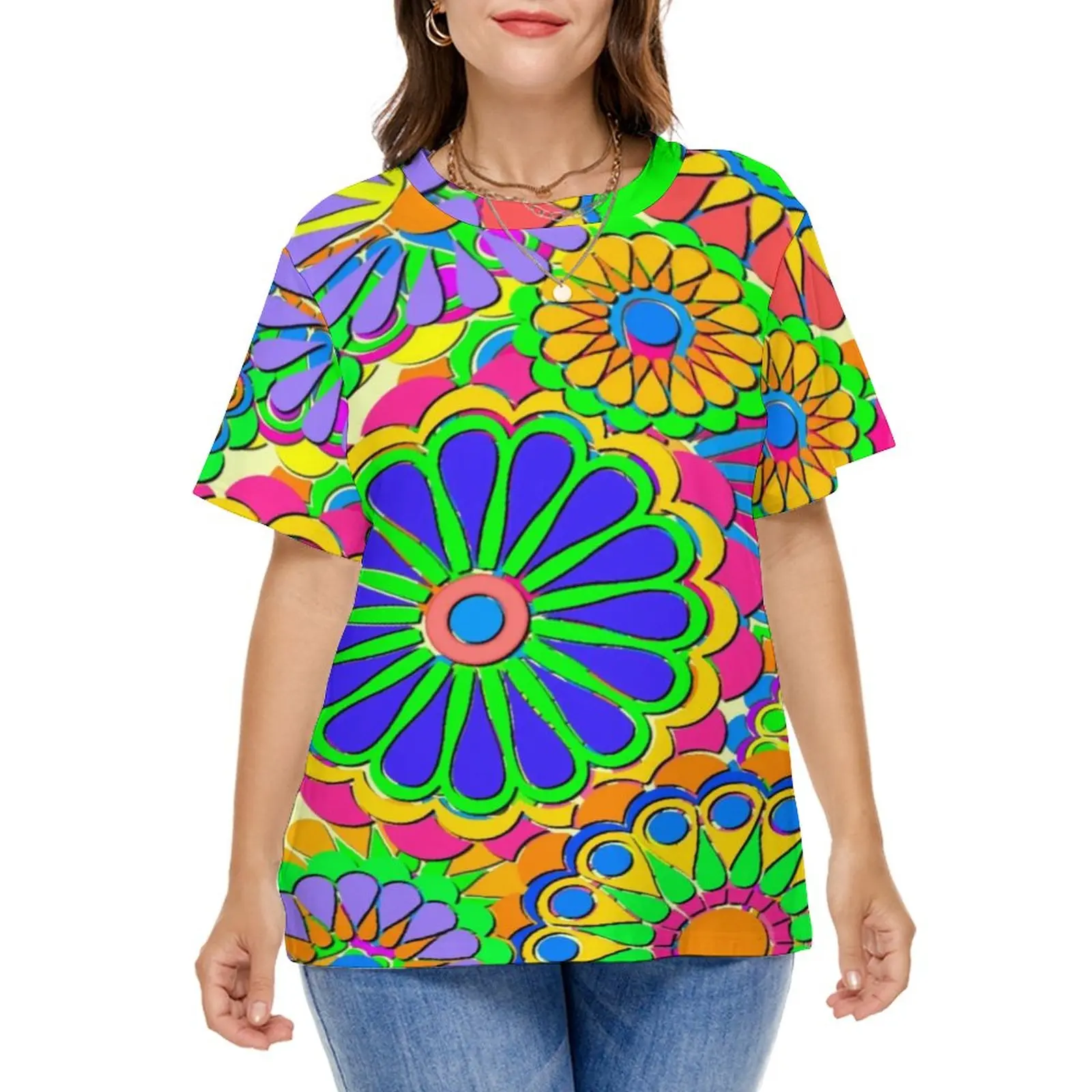 

Colorful Flower Power T-Shirt Bright Hippy Style Vintage T-Shirts Short-Style Tshirt Beach Graphic Clothes Plus Size 5XL 6XL